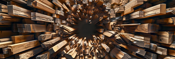 abstract wood beams, planks and boards stacked in a vertical circle background, with copy space