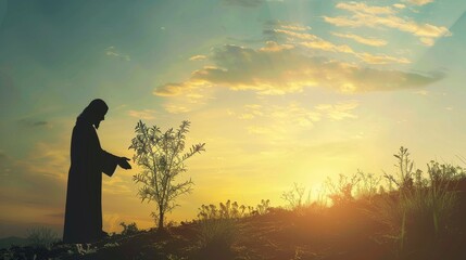 Silhouette of Jesus Christ initiating a reforestation project in a deforested land.