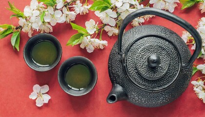 Obraz na płótnie Canvas asian spring tea ceremony black cast iron teapot cups and decorative blossoming cherry branch on a red background view from above