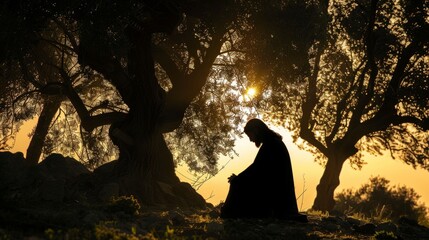 Silhouette of Jesus Christ in the Garden of Gethsemane, in deep prayer, with olive trees around..