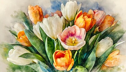 watercolor tulips flower flower bouquet watercolor painting illustration download in the style of vintage aesthetics white and amber the aesthetic movement intricate delicate flower and garden pa