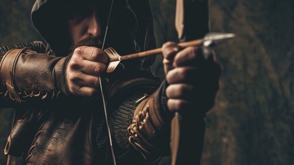 A hooded archer aiming an arrow, cloaked in shadow - obrazy, fototapety, plakaty