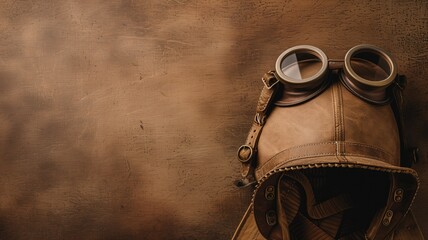 Vintage pilot goggles and leather helmet on a textured brown background
