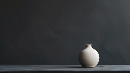 Minimalistic ceramic vase on a textured table against a dark background