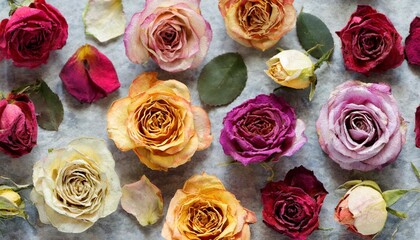 multicolor pressed dried rose flowers