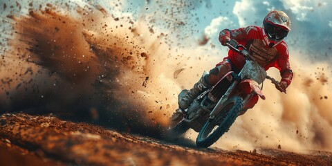 A speedway biker on a track is making a lot of dust