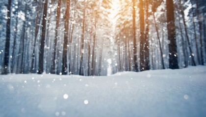 low angle winter forest landscape blurry background with snow trees and snowfall