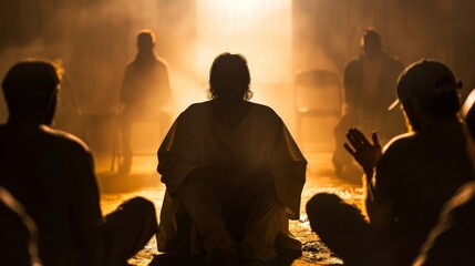 Silhouette of Jesus Christ mediating a session for peace among rival gang members. - obrazy, fototapety, plakaty