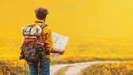 A solitary man with a backpack consults a map amidst vast yellow flowering fields - obrazy, fototapety, plakaty
