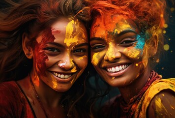 Portrait of two beautiful young women with paint on faces and body.