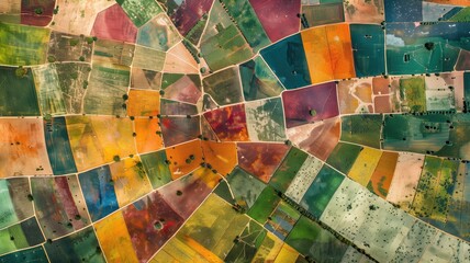 A stunning aerial patchwork of diverse, colorful agricultural fields from above