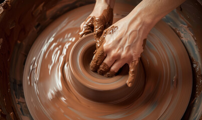 artisan hands crafting pottery on wheel with wet clay in creative studio - obrazy, fototapety, plakaty