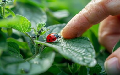  hand gently placing a ladybug on a leaf to naturally control aphids.