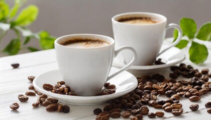 two white cups with coffee on white table