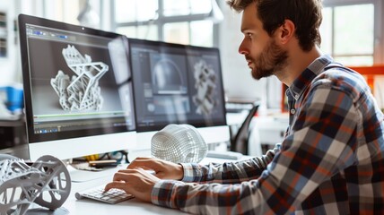 Designer focused on creating a 3D model on computer screens