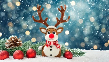 reindeer toy with cold red nose christmas background concept 3d rendering