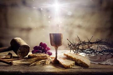 Last Supper Of Jesus With Passion Objects - Communion And Calvary - Holy Grail And Bread With Crown...