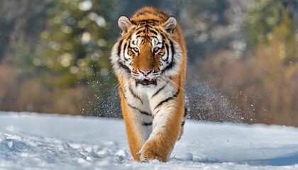 siberian tiger walking in the snow front shot