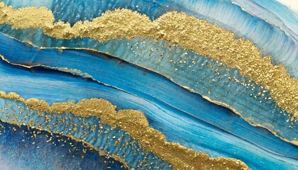 art hand drawn watercolor and acrylic smear blot wave painting abstract texture blue gold glitter...