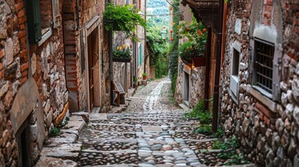Fototapeta na wymiar Quaint cobblestone alley in historic European town background