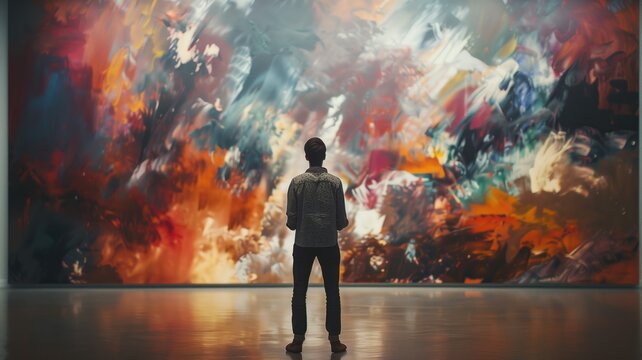 Back view of a man contemplating colorful abstract art in a gallery