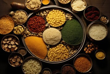 Variety of cereals in metal bowl, Indian food background.