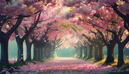 falling petal over the romantic tunnel of pink flower trees romantic blossom tree over nature...
