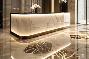 A sleek, modern reception desk ambient light, with a patterned marble floor reflecting 