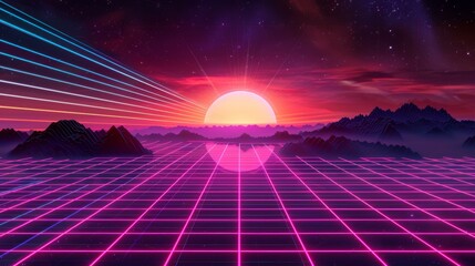 Retro 80s style neon grid landscape background