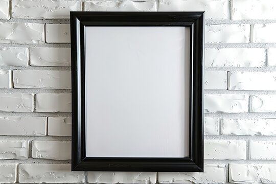 Blank black wall frame mockup on white brick wall 