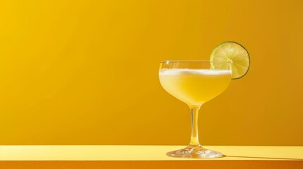 Daiquiri cocktail on yellow background. Glass of alcoholic drink