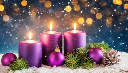 advent four purple candles with christmas ornament in shiny night
