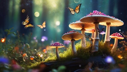 fantasy magical mushrooms glade ladybug and butterflies in enchanted fairy tale dreamy elf forest fabulous fairytale deep dark wood and moon rays in night mysterious nature background - obrazy, fototapety, plakaty