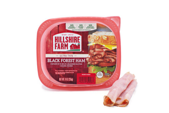 Ocala, FL 3-2-2024 Hillshire farm est 1934 ultra thin Black Forest ham caramel colored no artificial preservatives, flavors, nitrates or nitrites. Fully cooked isolated on white background