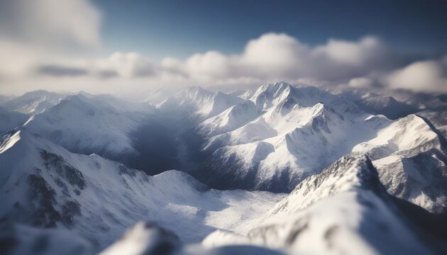 aerial view of winter landscape with mountain peaks covered with snow and fluffy clouds natural tuxture for background