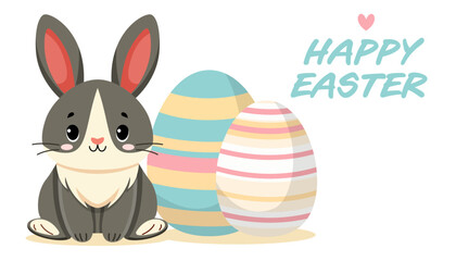 Bunny sitting near Easter eggs. Happy Easter Celebration.Traditional design element for Christian holiday. Flat vector illustration isolated on white background for banner, card, website, poster. 