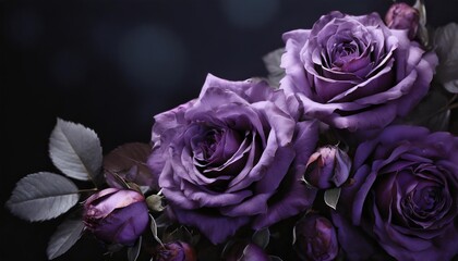floral banner header with copy space purple roses isolated on dark background natural flowers wallpaper or greeting card