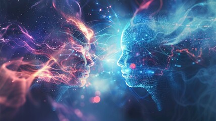 neural network where two AI consciousnesses meet and meld, one gradually enveloping and integrating the essence of the other in a spectacle of light and data