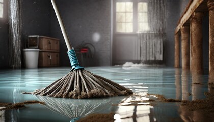 clearing flood in electric room or basement deep water on floor mop in water with blurred large cable water damage from rain melting snow or burst pipe selective focus - obrazy, fototapety, plakaty