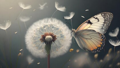 white dandelion and butterfly closeup with seeds blowing away in the wind