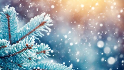 winter blurred background with snowfall and frosted spruce brunches
