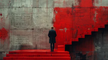 Poster A man is standing on a set of red stairs, the facade of the building behind him is made of magenta bricks arranged in a rectangular pattern © RichWolf