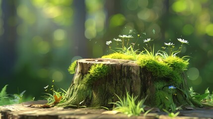 stump in the forest overgrown with moss. - obrazy, fototapety, plakaty