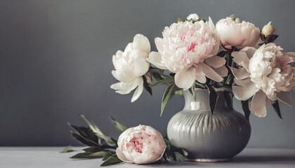 floral composition with peony flowers in a vase on a gray background summer banner greeting card for wedding holiday birthday template for design selective focus