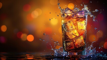 Glass of cola drink on bar counter with ice cubes and splash - obrazy, fototapety, plakaty