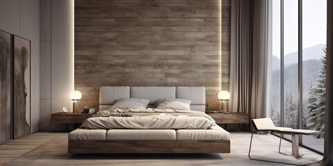 Obraz premium Contemporary bedroom combining modern design with rustic wooden touches and a captivating artistic wall panel