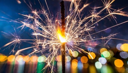 new years eve fireworks sparkler on a colourful blurred background - obrazy, fototapety, plakaty