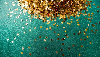 happy carnival party celebration template texture greeting card background abstract closeup of colorful fallen confetti and gold turquoise glitter particles top view