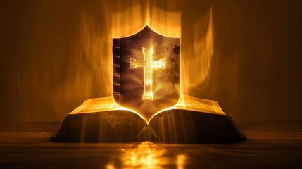 Silhouette of a Bible surrounded by a protective shield - obrazy, fototapety, plakaty