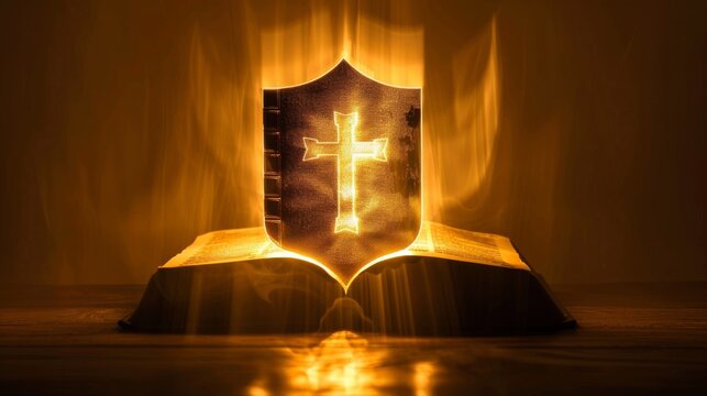 Silhouette of a Bible surrounded by a protective shield